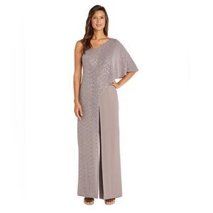 Sexy formal Asymmetric Jumpsuit with Sequined Overlay and Draped Shoulder
